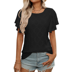 Camiseta informal de verano 2025 <span class=keywords><strong>para</strong></span> <span class=keywords><strong>mujer</strong></span> europea americana <span class=keywords><strong>para</strong></span> <span class=keywords><strong>Amazon</strong></span> nueva flor transfronteriza hueca manga de hoja de loto de punto - Product Image 5