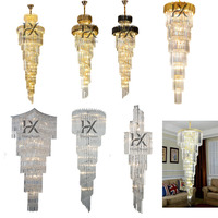 Nouvelle lampe de lustre LED décorative de luxe en fer doré avec cristaux transparents, réglable en hauteur, pour escalier de villa ou hôtel
