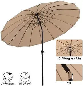 Parapluie de patio extérieur de 10 pieds 16 nervures en fibre de verre avec bouton poussoir inclinable et manivelle, parapluie de marché pour jardin terrasse piscine, beige