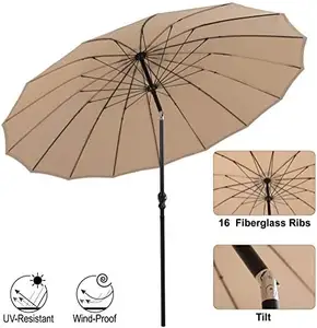 10 Ft Outdoor Patio Umbrella 16 Fiberglass Ribs With Push Button Tilt Crank Market Umbrella For Garden Terrace Pool Beige