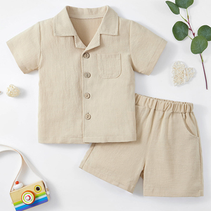 Ensemble de vêtements pour enfants en coton <span class=keywords><strong>lin</strong></span> biologique Ensemble de chemises et shorts pour garçon Ensemble de vêtements pour garçons personnalisés avec <span class=keywords><strong>short</strong></span> et boutons pour enfants - Product Image 2