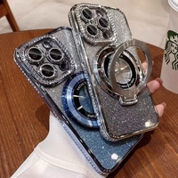 Coque de téléphone en silicone souple TPU avec support magnétique et strass scintillants, style luxe, pour iPhone 17 16 15 11 12 13 14 Pro Max