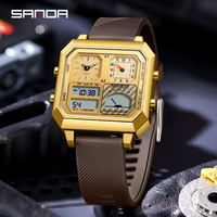 SANDA 6210 Jam Tangan Elektronik Pria Fashion Stainless Steel Persegi 2024 Gerakan Ganda Tahan Air Suhu Cerdas