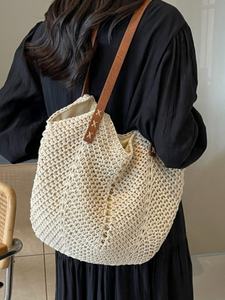 <strong>Straw</strong> Woven Vintage Solid Color Zipper Women's Single Shoulder Knitted Tote <strong>Bag</strong> Seaside Vacation <strong>Beach</strong> Large Capacity - Product Image 1