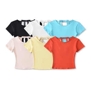 Camiseta de verano transpirable ligera Camiseta de manga corta <span class=keywords><strong>con</strong></span> cuello redondo ajustada <span class=keywords><strong>con</strong></span> detalle de cordones traseros Diseño de pajarita sin espalda - Product Image 2