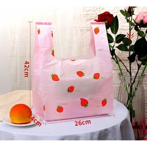 Pink <b>Strawberry</b> Plastic Shopping Bags Large With Handles For Groceries - Product Image 3