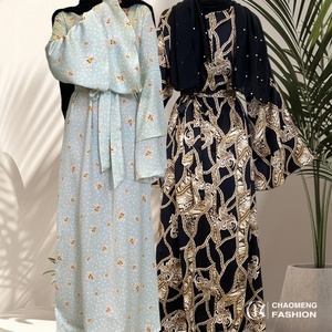 6528# High Quality Satin Printing Abaya Dress Two Layer Sleeves Muslim Women <b>Kaftan</b> Islamic Silk <b>Maxi</b> Dresses - Product Image 1