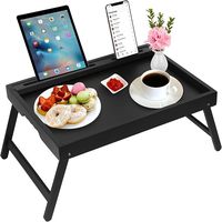 Table de lit en bambou Artmeer avec fente pour appareils, pieds pliables, grande taille, noire