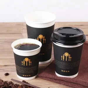 Goudfolie Geperst Zwart Koffiekopje Wegwerp 10/12/16Oz Cup Take-Out Dubbele Muur Koffie Papier Cup Met Deksel