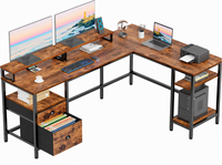 Bureau d'ordinateur en forme de L de 66 pouces, design réversible, tiroir à dossiers, support pour 2 moniteurs, étagères de rangement, table d'ordinateur d'angle