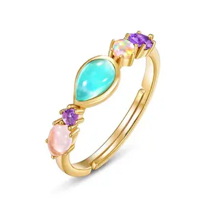 High quality multi stone ring 925 sterling silver ring with amazonite synthetic opal synthetic pink crystal synthetic amethyst