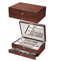 Boîte à bijoux en bois rectangulaire de luxe vintage avec grand tiroir de rangement et miroir organisateur à motif carré