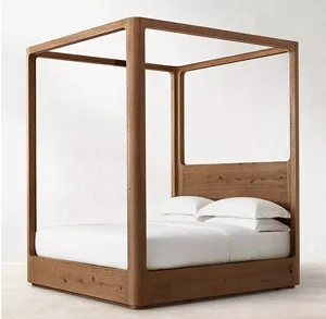 Villa Luxury Solid Oak Wood Bedroom Furniture Double Bed King Queen Size Wooden Canopy Bed