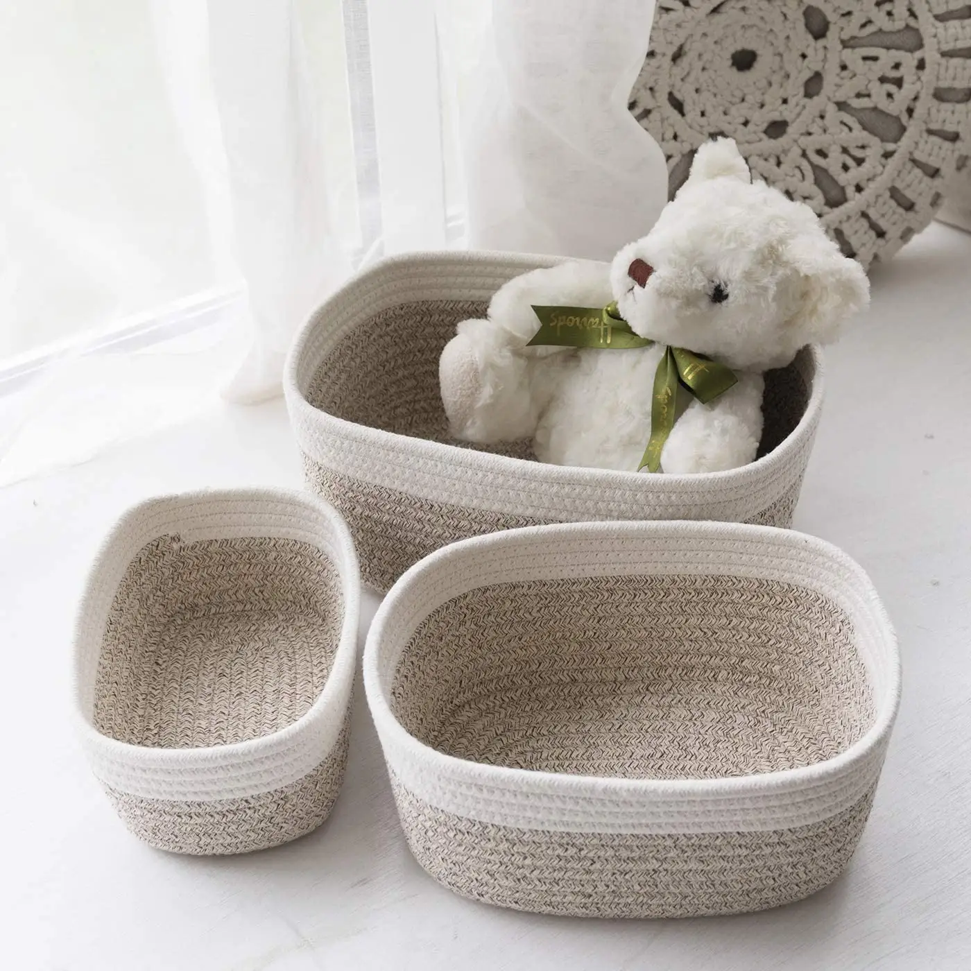 Small Cotton Rope Woven Storage Basket for Organizing for Bathroom Shelve Nursery Decorative Basket Organizer Bins Set of 3