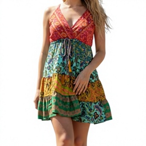 Vestido de Noche/Formal con Cuello en V, Estampado Patchwork, Corte A, Detalle de Borlas, Elegante, Largo Midi, de Seda/Acrílico, con Cola Watteau, Venta al por Mayor - Product Image 1
