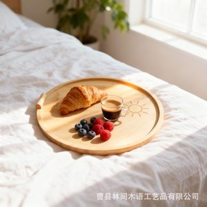Round Wooden <b>Tray</b> For Fruit And Snacks With Sun Pattern For Hotel And Home Use - Product Image 3