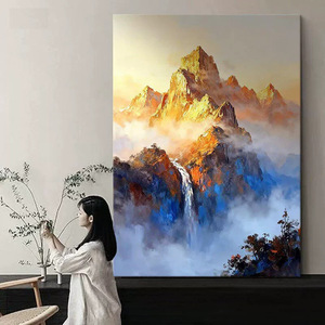 ภาพวาดสีน้ำมันทิวทัศน์ภูเขาสีทอง พระอาทิตย์ตกดิน สไตล์อิมเพรสชั่นนิสม์ โมเดิร์น มินิมอล สำหรับตกแต่งผนังห้องนั่งเล่นข้างโซฟา - Product Image 2