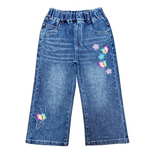 Girls High <b>Waist</b> Straight Leg Denim <b>Jeans</b> <b>With</b> Floral Embroidery Casual Knee Length Pants Spring Style - Product Image 1