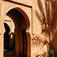 Peinture à l'huile sur toile d'architecture marocaine peinte à la main, décoration murale avec ombre de palmier et arche, paysage désertique, art raffiné