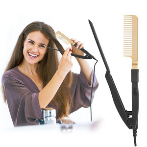 Hair Straightener Comb Gold V-Shaped Styling Tool For Straight And Curly Hair Wired Fast Heating - Product Image 1