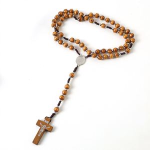 Rosario Católico con Cruz y Crucifijo, Cuentas de Madera Natural de 10mm, Aleación de Zinc Tejida, Joyería Cristiana de Jesús, Venta al Por Mayor - Product Image 3