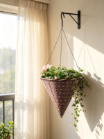 Panier suspendu en ciment sculpté à la main, forme cône, violet, marron, vert, avec doublure en plastique et supports métalliques, pour extérieur, maison, jardin, fleurs
