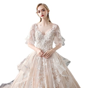 Champagne Wedding Dress Empire Waist V-Neck Lace Long Train Vintage Style Plus Size Bridal Gown - Product Image 5