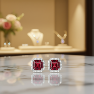 Orecchini a lobo in oro bianco con rubino, taglio principessa, montatura a griffe, geometrici, classici, gioielli raffinati da donna per matrimonio - Product Image 2