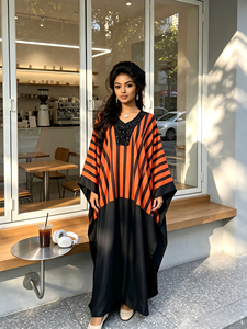 Abito Kaftano da Donna Africana Taglia Grande Estivo con Mezza Parte Superiore a Righe Verticali Bicolore, Orlo <span class=keywords><strong>Nero</strong></span> e Colletto con Paillettes - Product Image 6