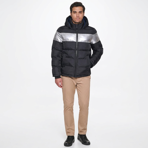High-Shine Metallic Silver Puffer Jacket Men's Contrast Winter Insulated Alternative <b>Bubble</b> <b>Coat</b> Stand Collar Front Logo - Product Image 1