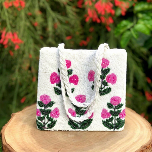 Handmade Beaded Flower Tote Bag White Pink Roses <b>Green</b> Leaves Rectangle Shape Casual Craft <b>Purse</b> - Product Image 1