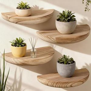 Wooden Floating Semi Circular <b>Shelf</b> <b>Wall</b> <b>Mounted</b> Plant Display Rack Multipurpose Storage For Bathroom And Living Room - Product Image 1
