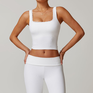 Canotte da <span class=keywords><strong>donna</strong></span> comode e morbide con collo quadrato in <span class=keywords><strong>pizzo</strong></span> a compressione da <span class=keywords><strong>donna</strong></span> maglia corta Vintage senza cuciture - Product Image 4