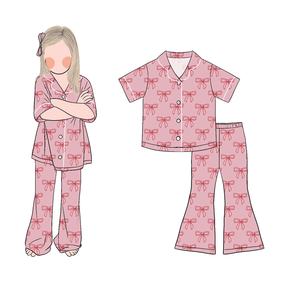 بيجامة بنات بأكمام قصيرة وأزرار قابلة للتنفس مع سروال واسع للأطفال والصغار بالجملة - Product Image 3