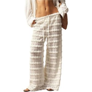 Pantalon en dentelle crochetée pour femme, à volants superposés, taille élastique, en maille, coupe ample, 100 % coton tricoté respirant, idéal comme cache-maillot de plage - Product Image 1
