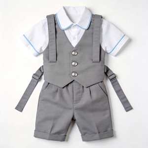 Ensemble de vêtements personnalisés pour <span class=keywords><strong>bébé</strong></span> <span class=keywords><strong>garçon</strong></span>, 3 pièces, cravate, chemise blanche à manches courtes, pantalon gris à bretelles courtes - Ensemble Paul - Product Image 1