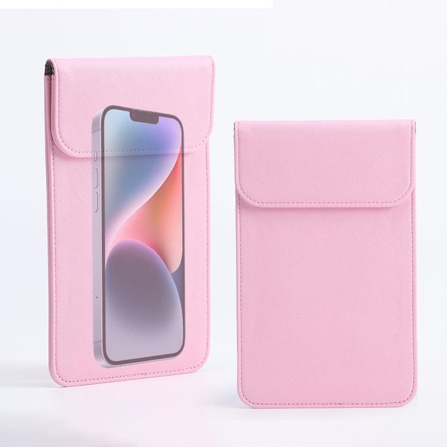 Hot Sale RFID Blocking Pink Cross Grain PU Leather Phone Pouch Multi-functional Vertical Sleeve Bag for Phone Cards Cash