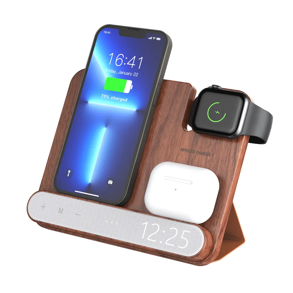 トレンド製品2024新着3 in1木製ワイヤレス充電器時計付きウォールナット竹ワイヤレス充電スタンドiPhone用