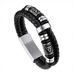 Nuevo Estilo, Brazalete de Acero Inoxidable Electrochapado con Cuerda de Cuero, Estilo Hip-Hop <span class=keywords><strong>para</strong></span> Hombre, Serie Vikinga Nórdica, Venta al Por Mayor, Regalo - Product Image 1