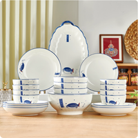 Service de vaisselle en porcelaine haute température, bleu et blanc, design classique japonais, personnalisable, compatible micro-ondes