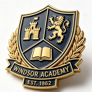 Windsor Academy <b>Badge</b> Gold Plated Zinc Alloy 3D Embossed Emblem Art Collectible Established 1862 - Product Image 5