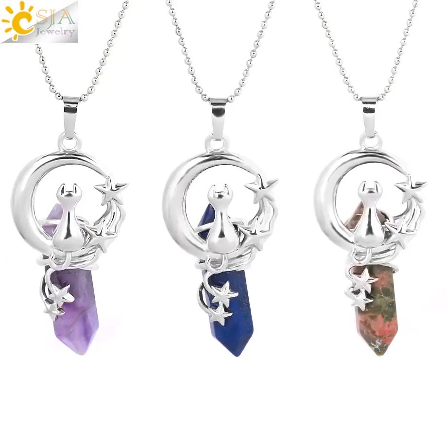 CSJA Wholesale Healing Jewelry Amethyst Rose Quartz Moon Cat Wrapped Hexagonal Natural Crystal Pendant Necklace for Women H099