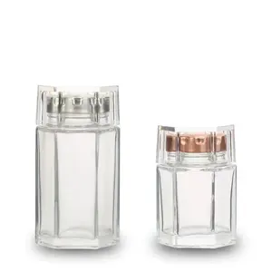 Venda quente de frasco de vidro de 280ml, frasco de vidro de forma hexagonal transparente, tampa de parafuso de metal