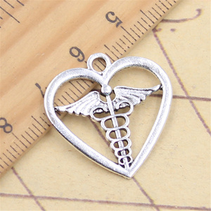 Breloques <span class=keywords><strong>Cœur</strong></span> <span class=keywords><strong>Symbole</strong></span> Médical Caducée 25x25mm, Fabrication Artisanale, Pendentifs Vintage Couleur Argent Tibétain, DIY pour Bracelet et Collier - Product Image 3