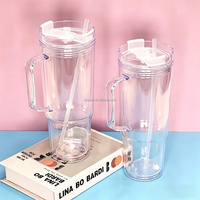 Gobelet réutilisable en plastique à double paroi sans BPA avec paille et poignée, idéal pour les boissons froides, anti-fuite, pour l'été