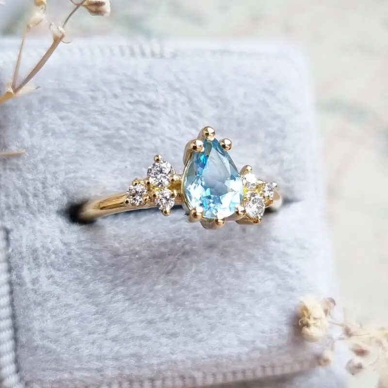 Luxo Natural laboratório crescido Gemstones Pear Shape Blue Sapphire Diamond 14k gold ring para mulheres