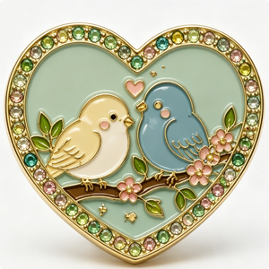 Heart-Shaped Gold-Plated Metal Enamel <b>Pin</b> With Love Birds And Flowers For Valentine'S Day - Product Image 6