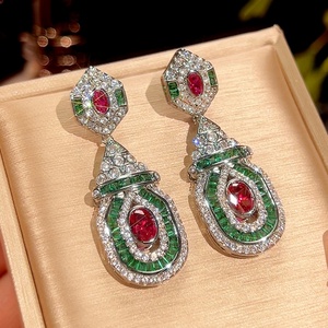 Fashion Jewelry Eco-friendly Copper Silver Plated Micro Pave <b>Red</b> & Green Zircon Vintage Mixed Drop <b>Earrings</b> for Women - Product Image 4