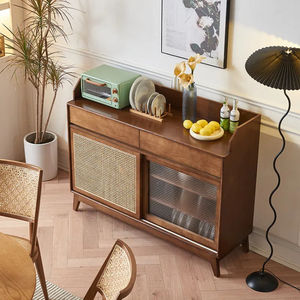 Dokuma Rattan kapılar ile rustik katı ahşap büfe Vintage tarzı doğal hasır ahşap kahve Bar mutfak için depolama dolabı - Product Image 1