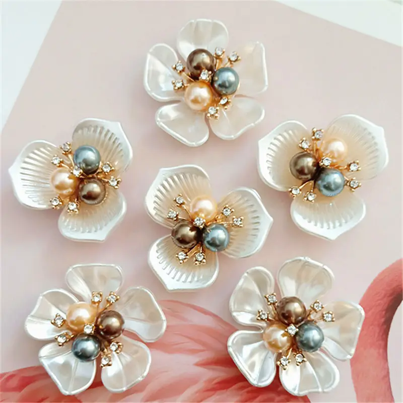 Flower Pearl Rhinestone Buttons Craft for Clothes Alloy Metal Sewing Button for Hair Accessories Decorative
